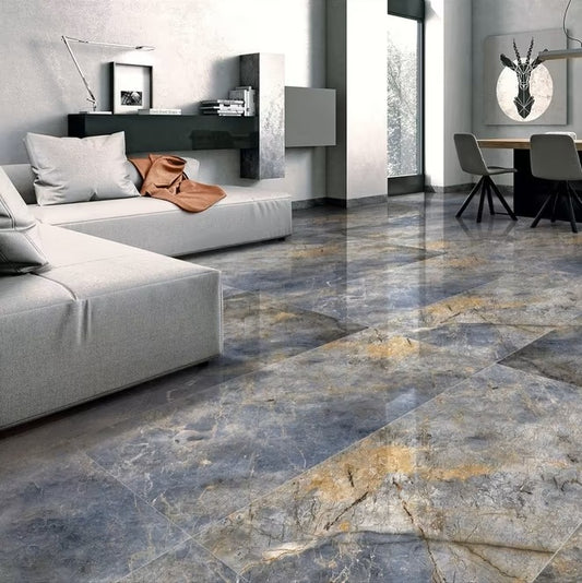 Bodenfliese 120x60 Hochglanz Blau Grau Natursteinoptik Feinsteinzeug