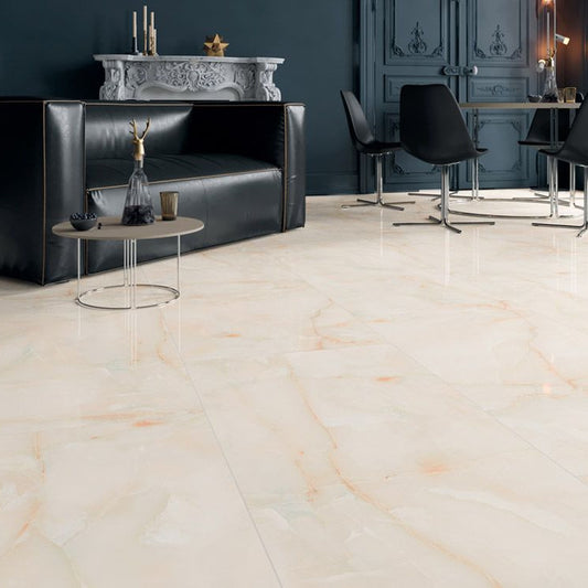 Bodenfliesen 60x120 Onyx Creme Hochglanz Feinsteinzeug Rektifiziert